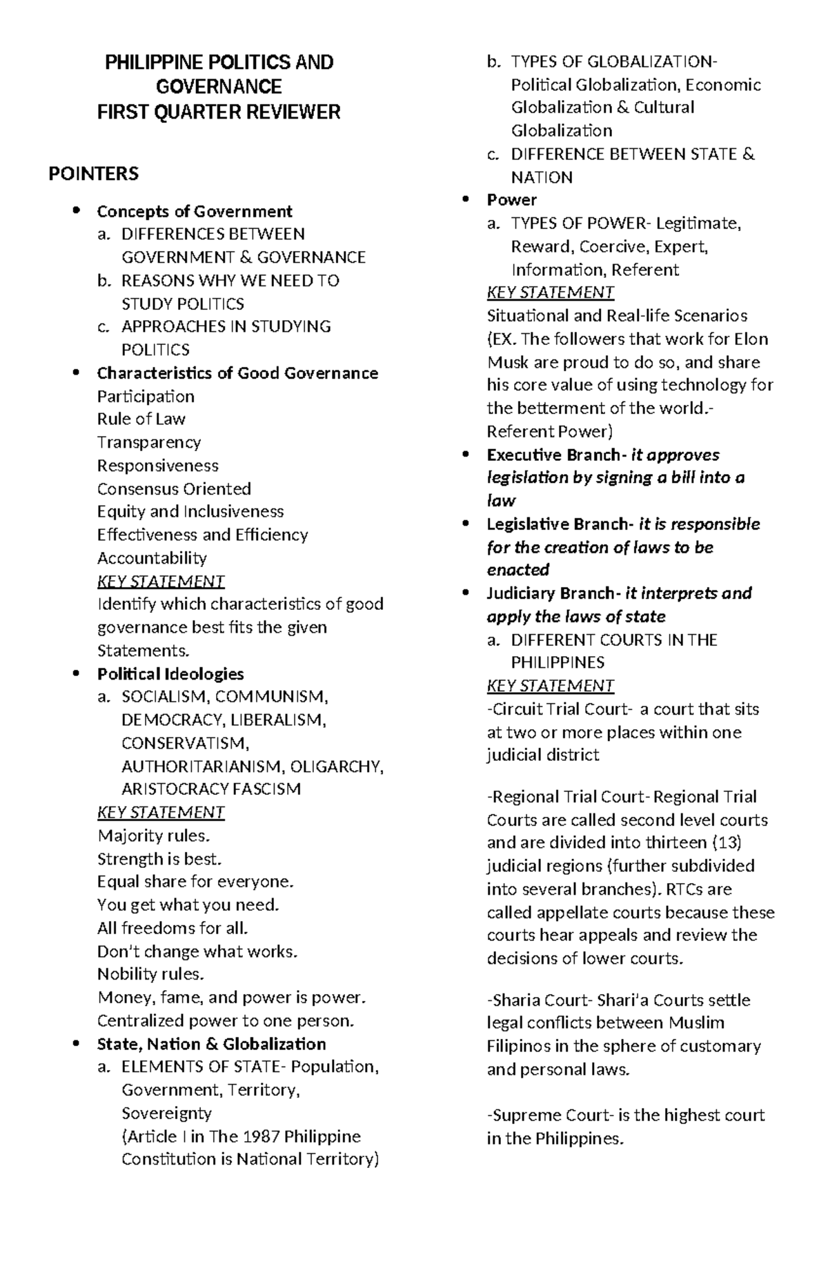 PPG Reviewer 1st Quarter - PHILIPPINE POLITICS AND GOVERNANCE FIRST ...