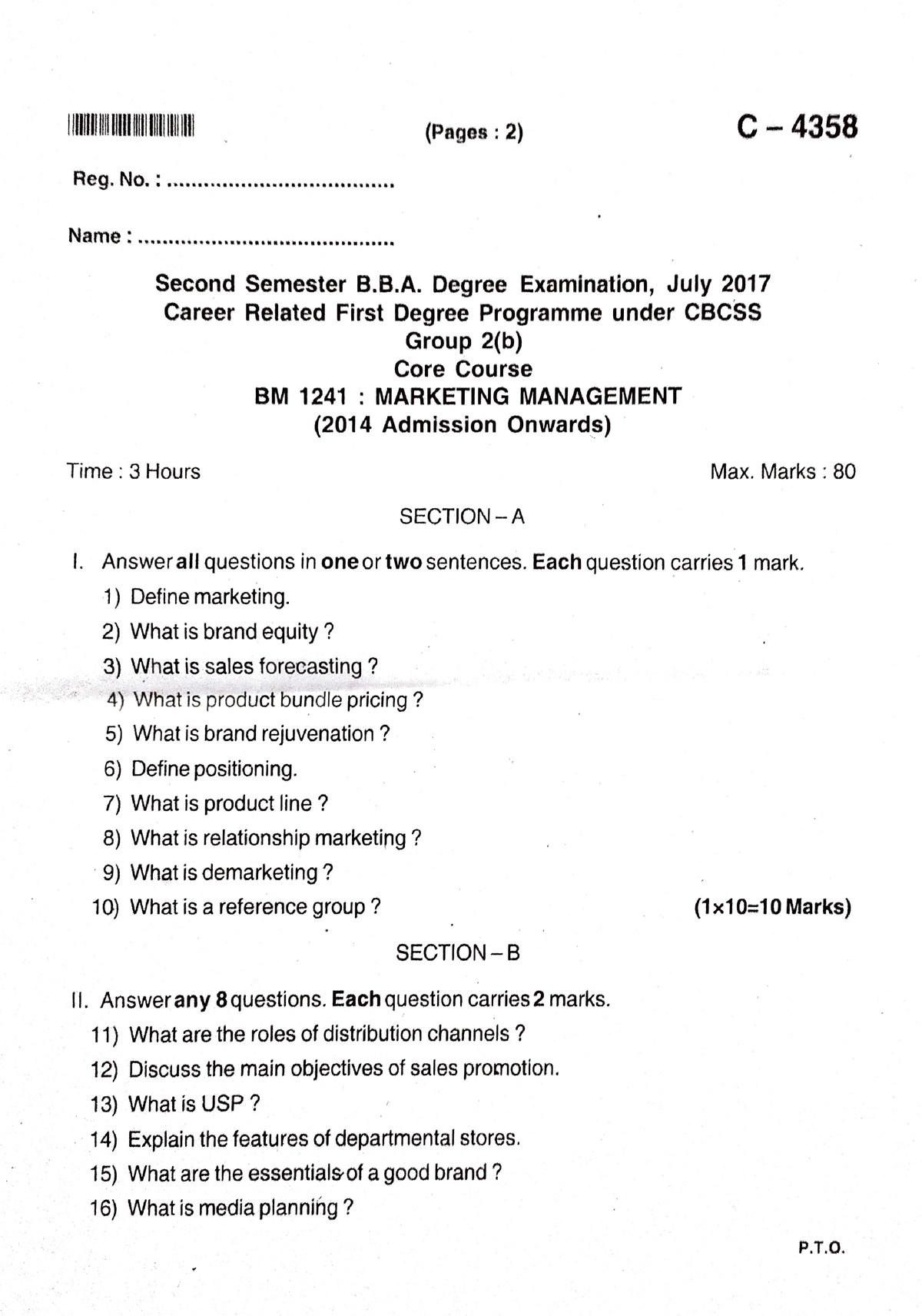 marketing research question paper bba