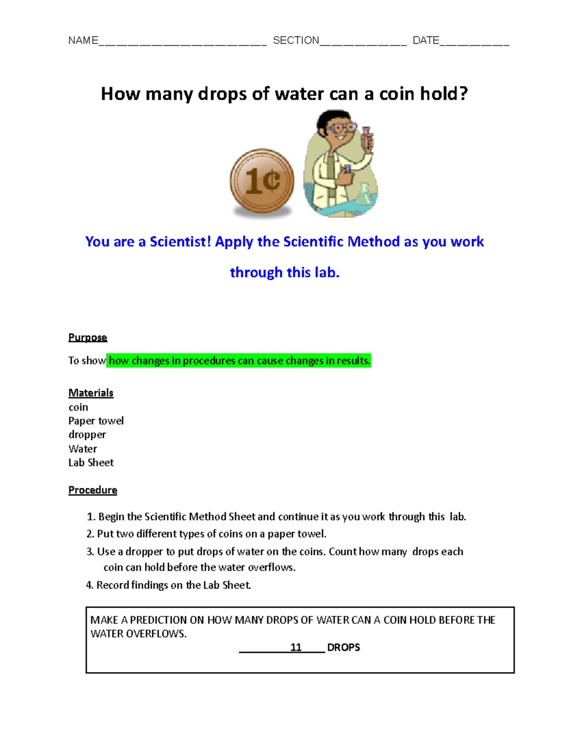 Copy of Coin Lab Science notes. How many drops of water can a coin