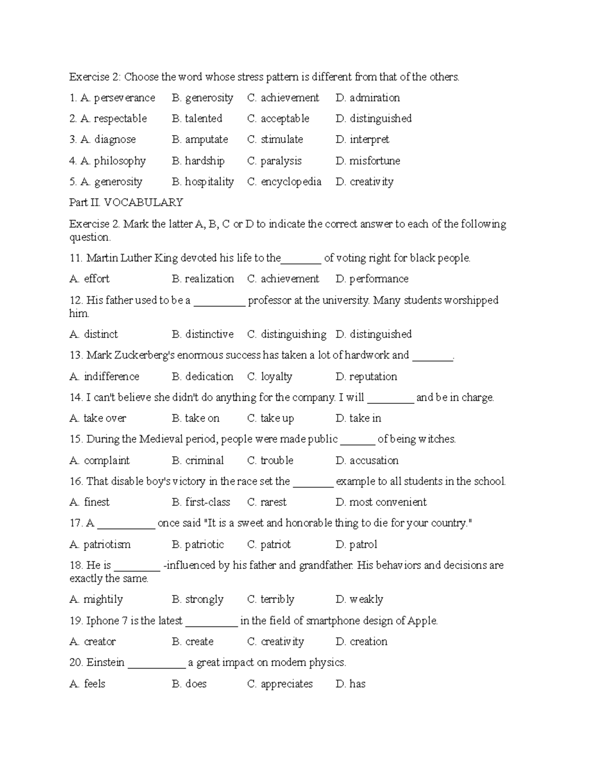 Gui Tuyt - Cccc - Exercise 2: Choose The Word Whose Stress Pattern Is ...