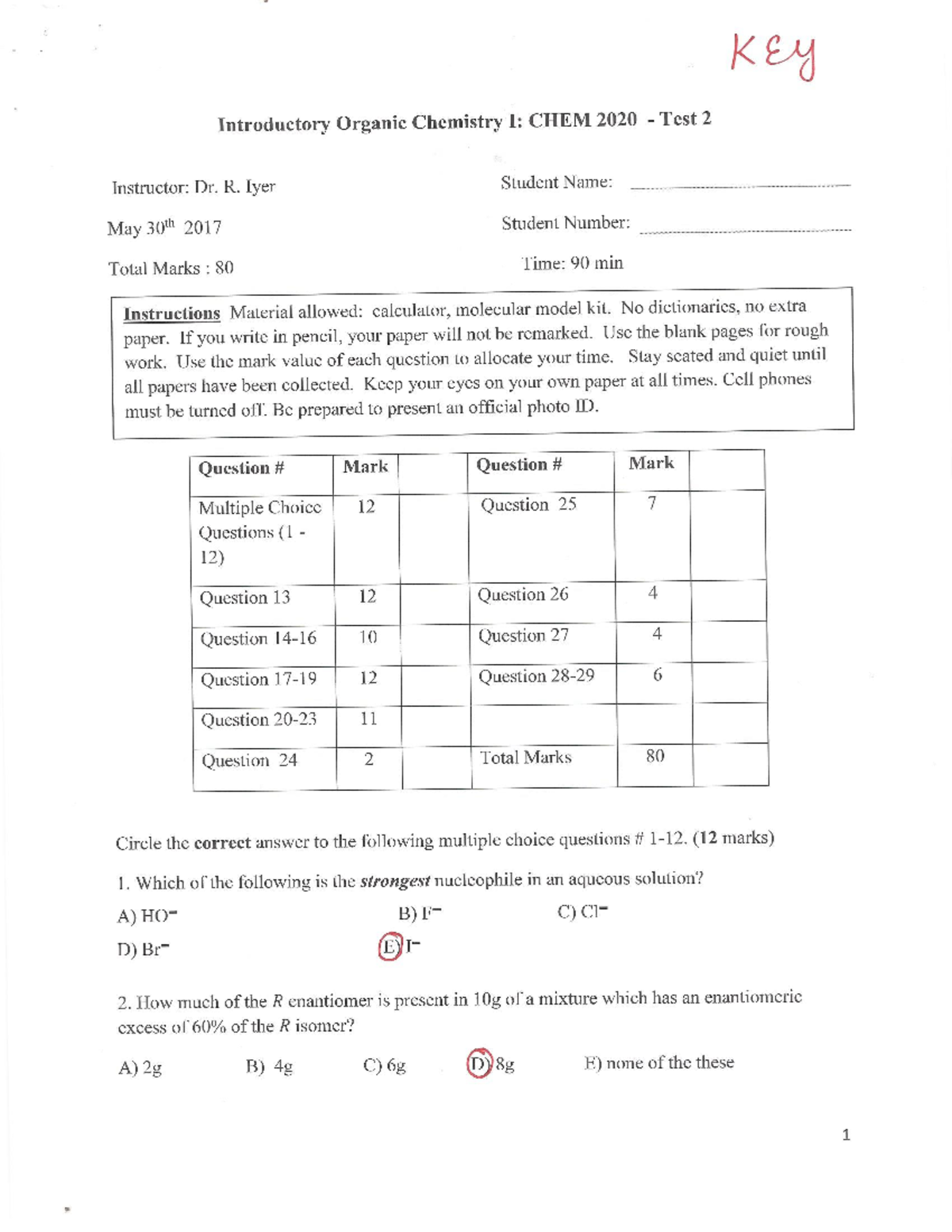 Test 2 Answer key 2017 - test 2 (summer 2017) - Sc/Chem 2020 - Studocu