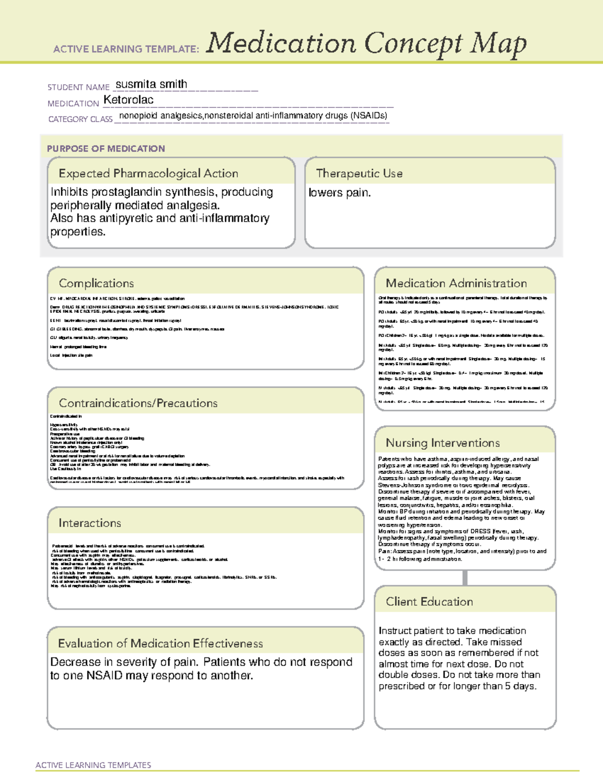 Ketorolac drug card practice ACTIVE LEARNING TEMPLATES Medication