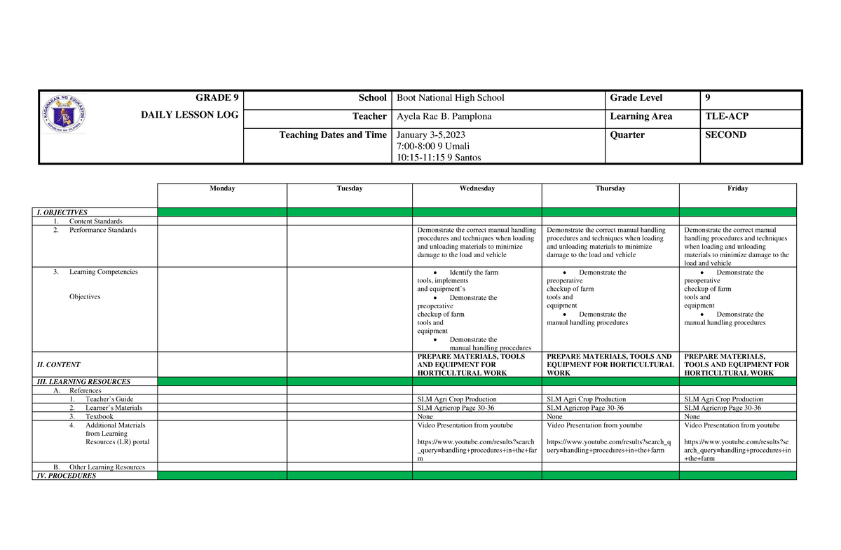 TLE9 AGRI-DLL WEEK-4 - TLE Agri 9 - GRADE 9 DAILY LESSON LOG School ...