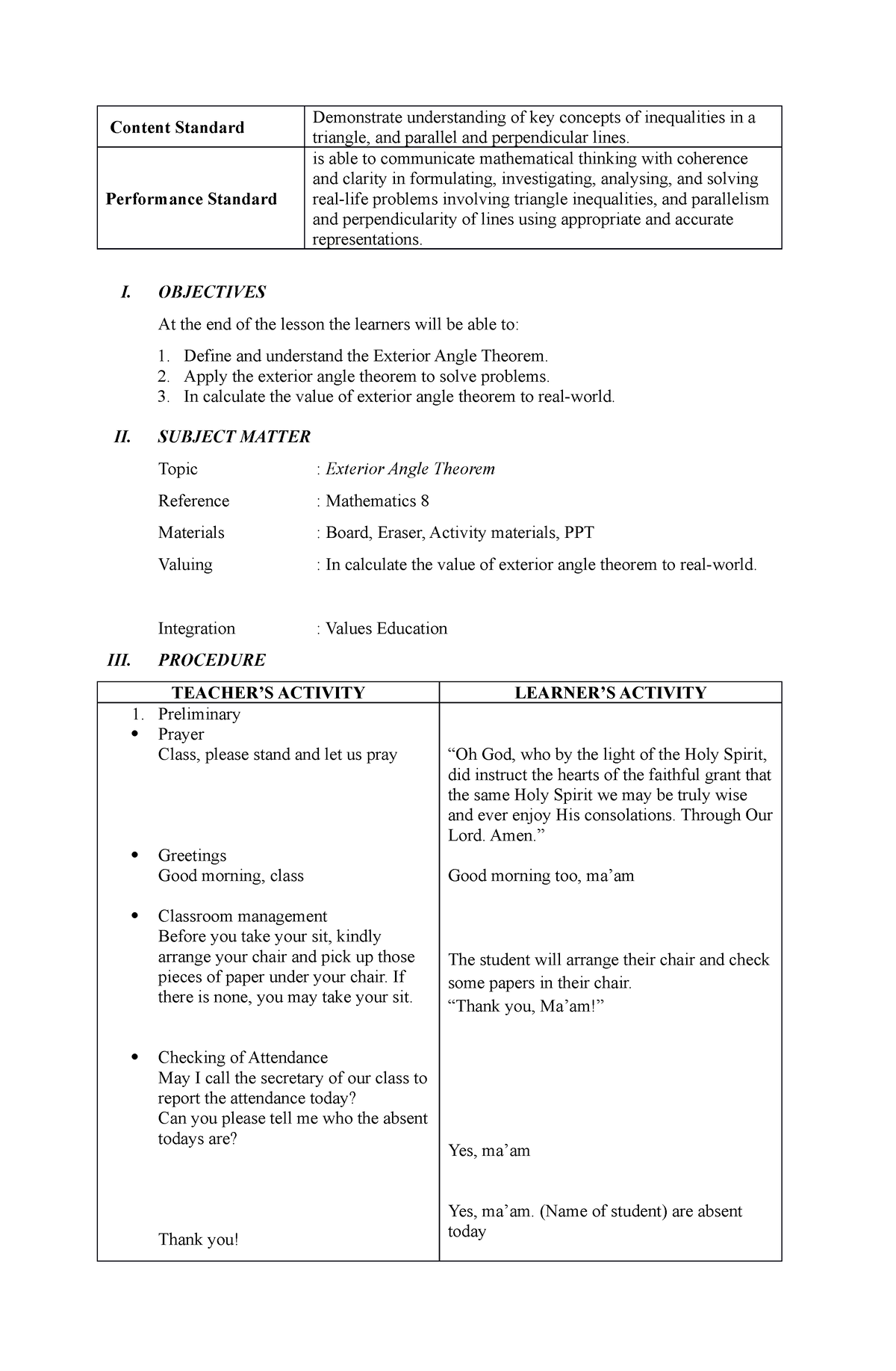 Exterior Angle - 4A's Lesson plan - Content Standard Demonstrate ...