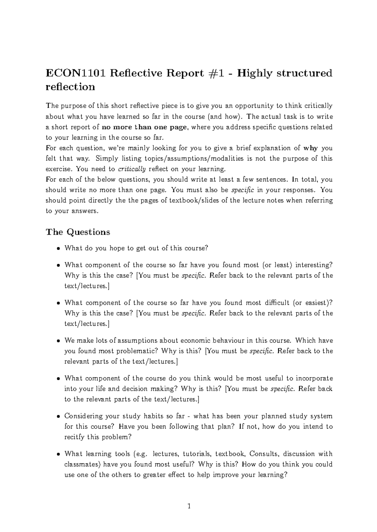 ECON1101 Reflection 1 - ECON1101 Reflective Report #1 - Highly ...