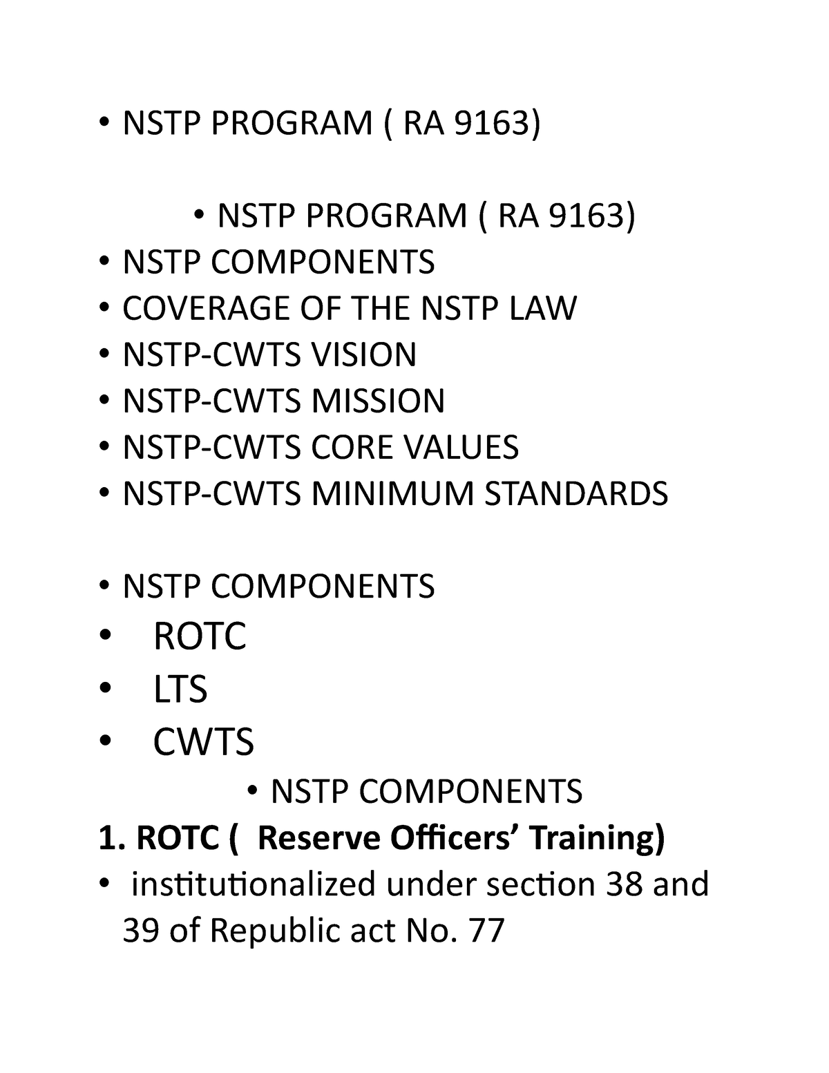 NSTP Program - Assignment - NSTP PROGRAM ( RA 9163) NSTP PROGRAM ( RA ...