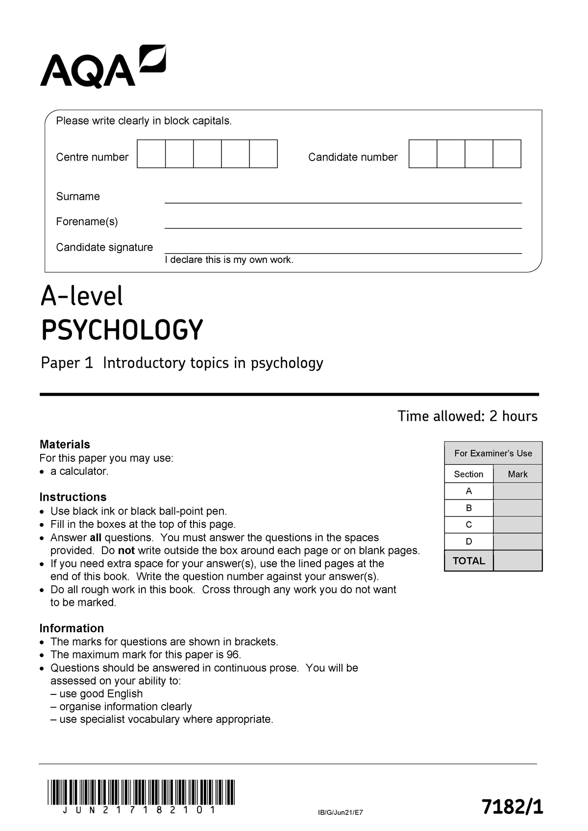 June 2021 QP Paper 1 AQA Psychology Alevel jun217182101 IB/G/Jun21