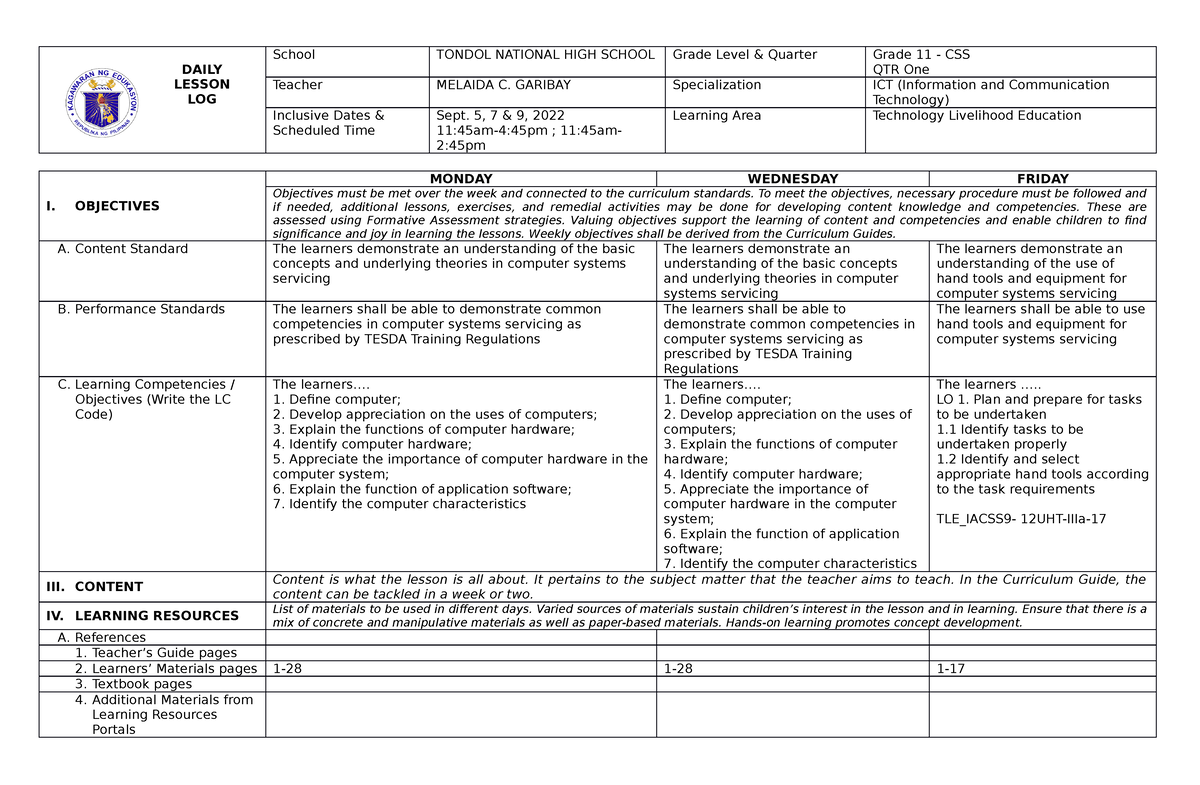 SHS DLL Week 3 - For references only - DAILY LESSON LOG School TONDOL ...