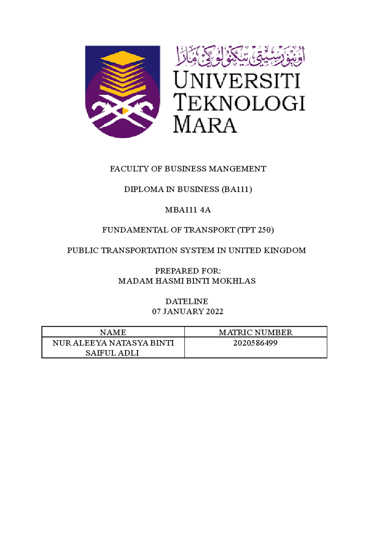 Fundamentals Of Transport (Indv) tpt 250 - FACULTY OF BUSINESS ...