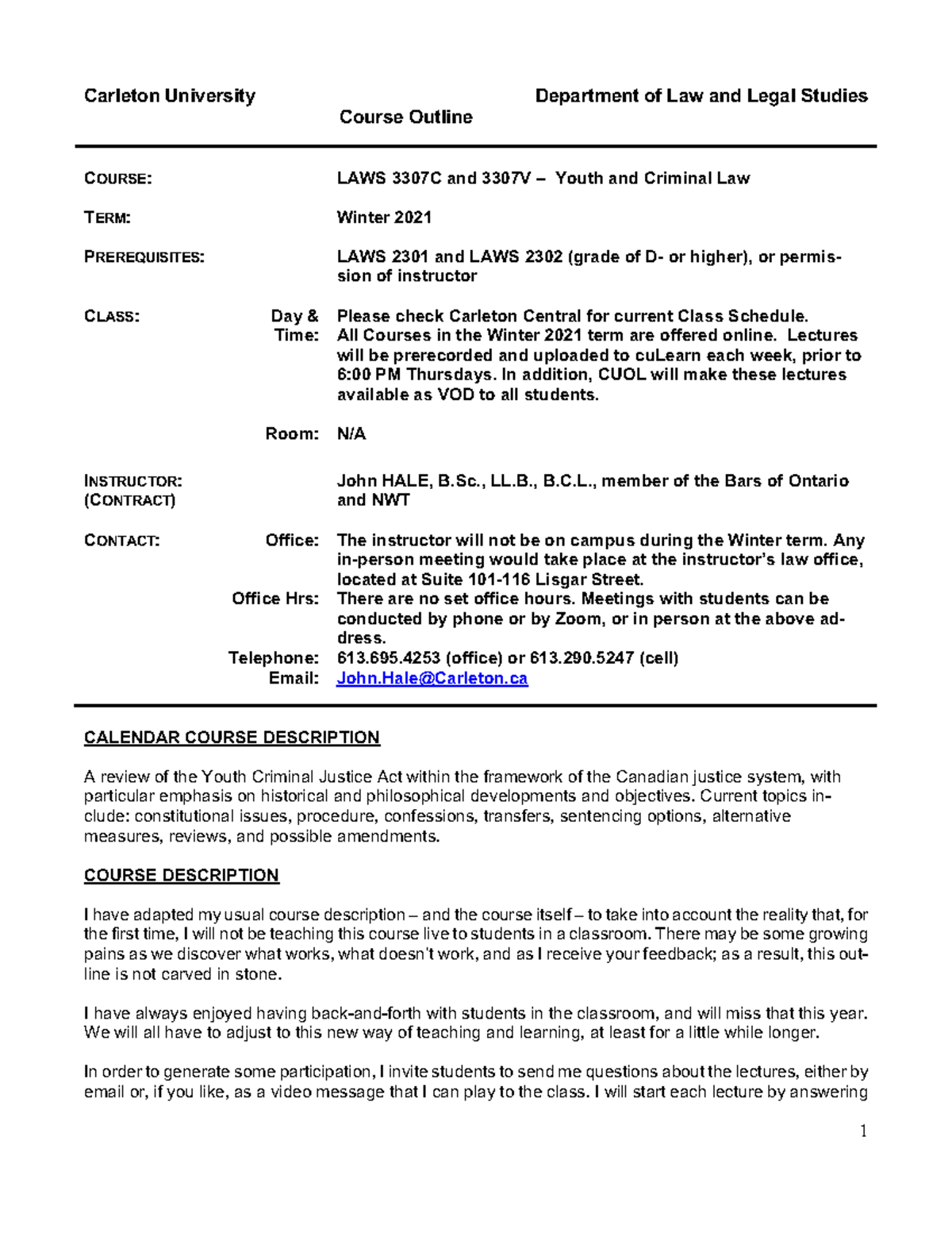 Hale LAWS 3307CV Outline Winter 2021 - Carleton University Department ...