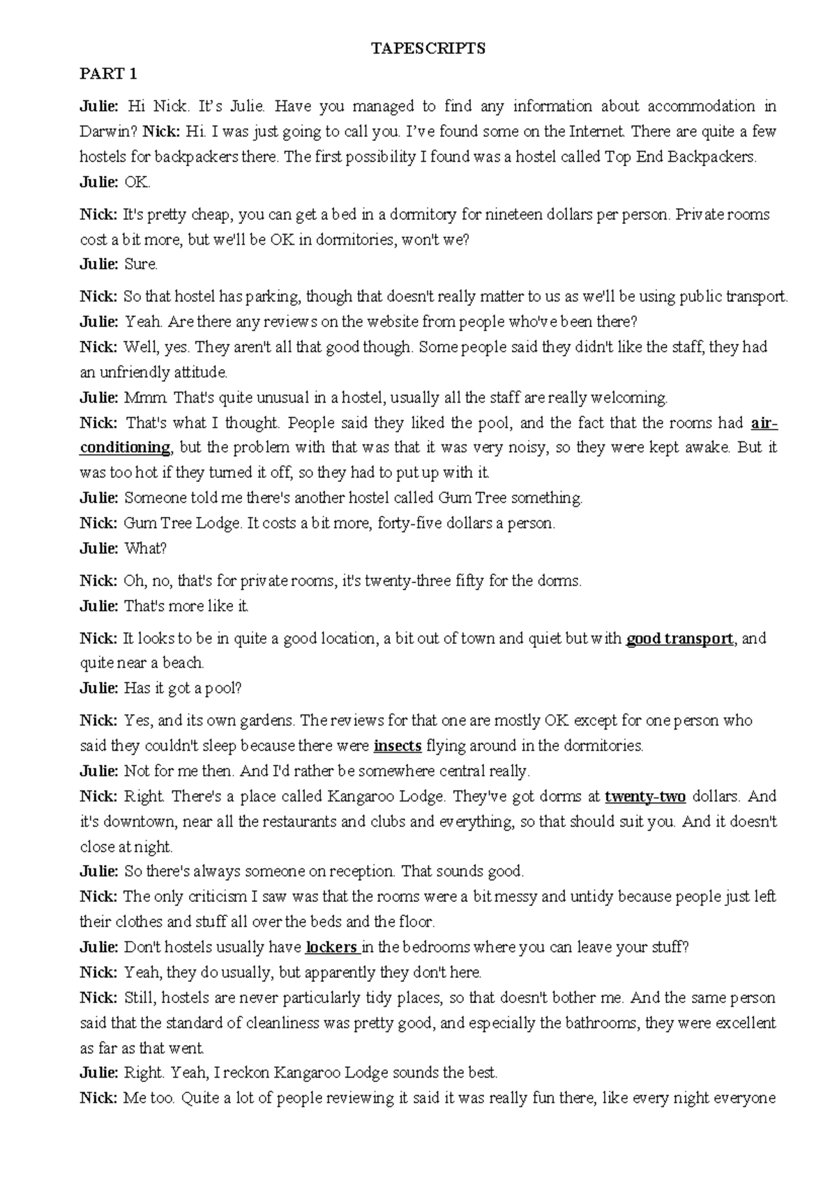 Advanced test 5 transcript - TAPESCRIPTS PART 1 Julie: Hi Nick. It’s ...