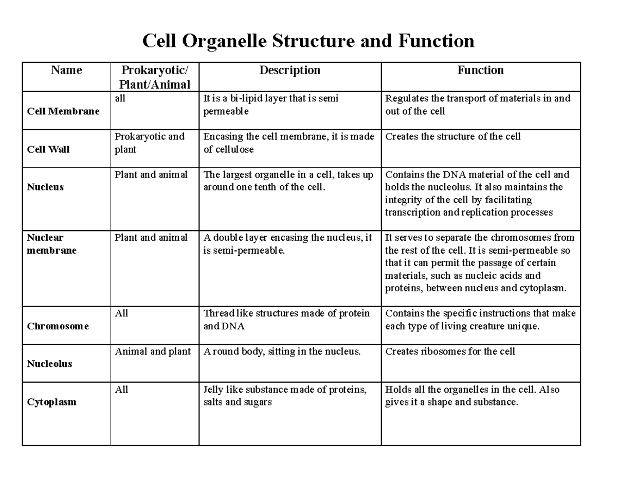 Cell Organelle Table biology mod 1 year 11 - Cell Organelle Structure ...