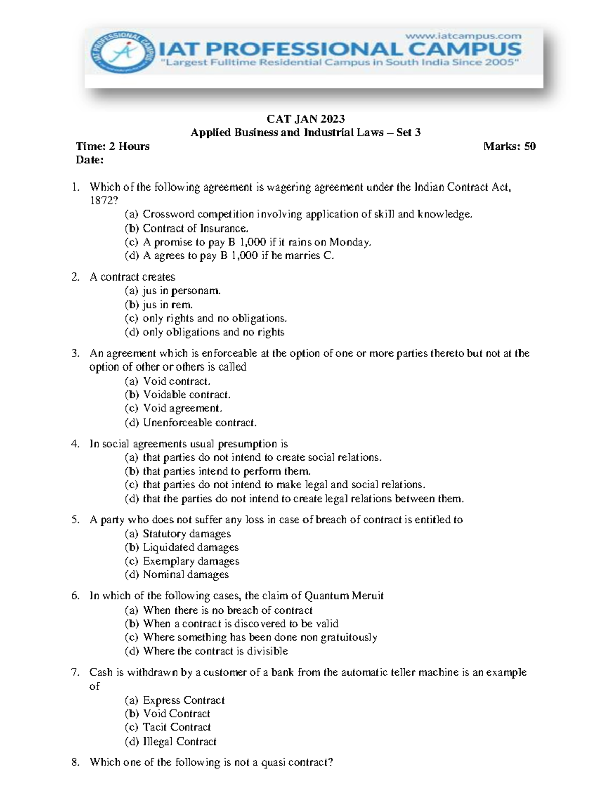 Cat Law Set 2 CAT JAN 2023 Applied Business and Industrial Laws Set