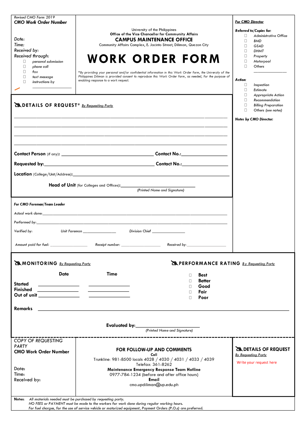 CMO Job Order Form - Form - Revised CMO Form 201 9 CMO Work Order ...