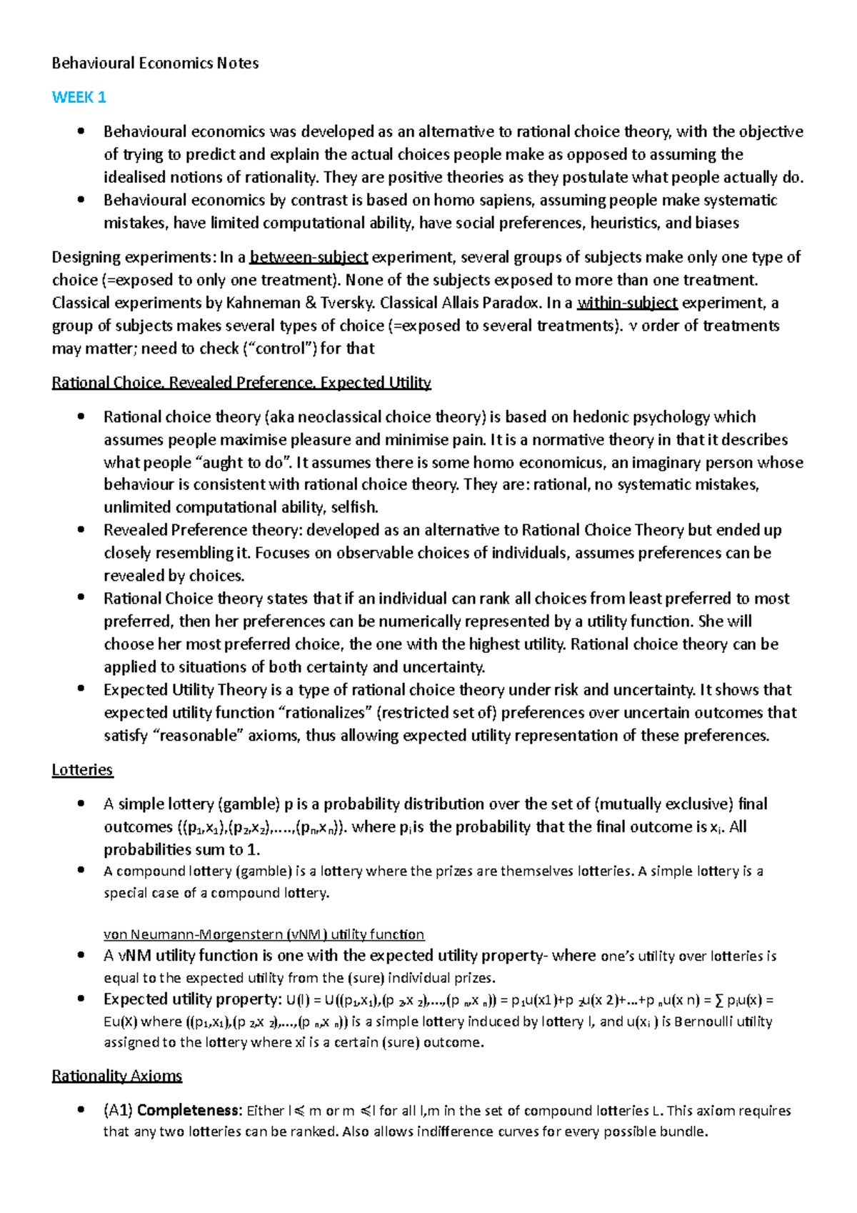 Behavioural Economics Notes - They are positive theories as they ...