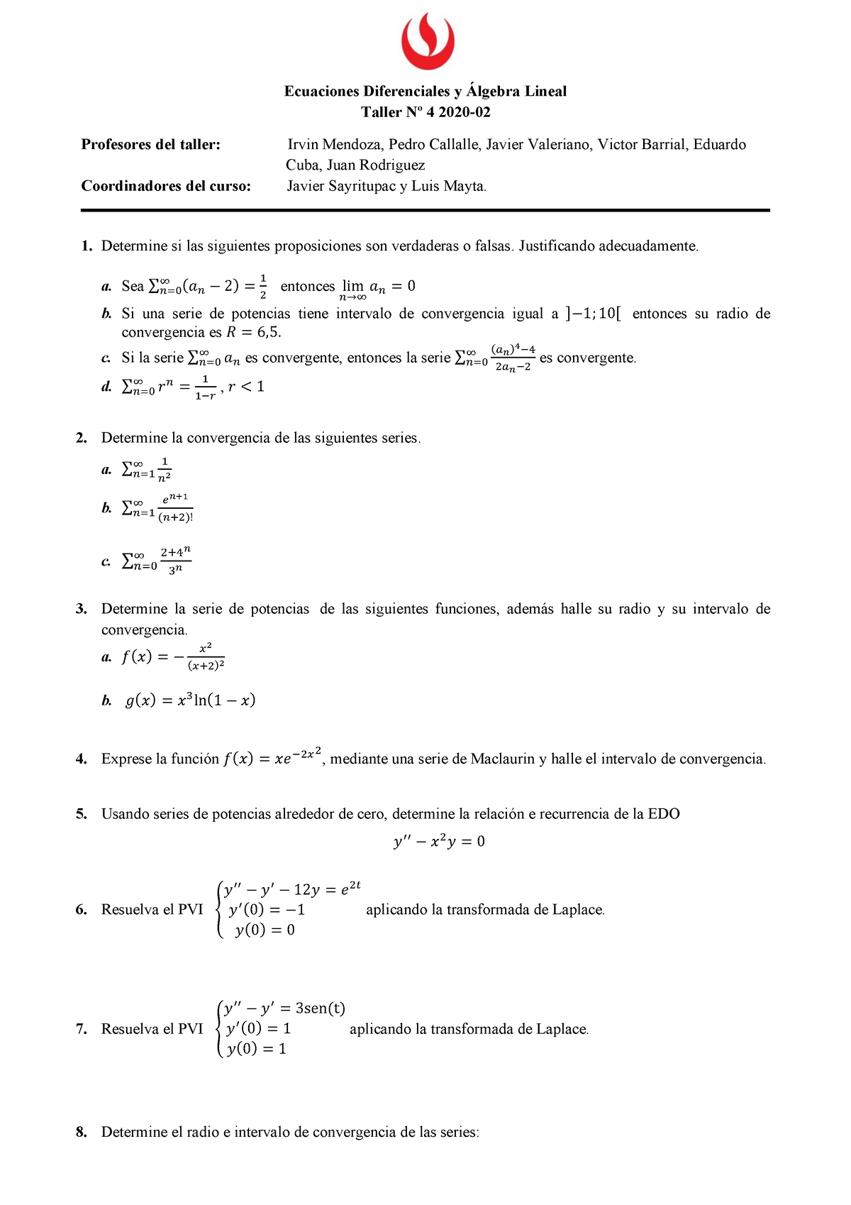 Taller 4 MA264 2020 02 - Ecuaciones Diferenciales Y Álgebra Lineal ...