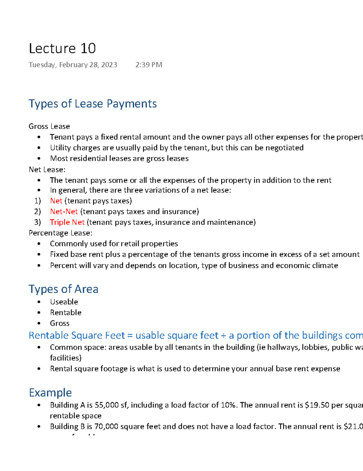 Lecture 10 - Notes - Types of Lease Payments Gross Lease - Tenant pays ...