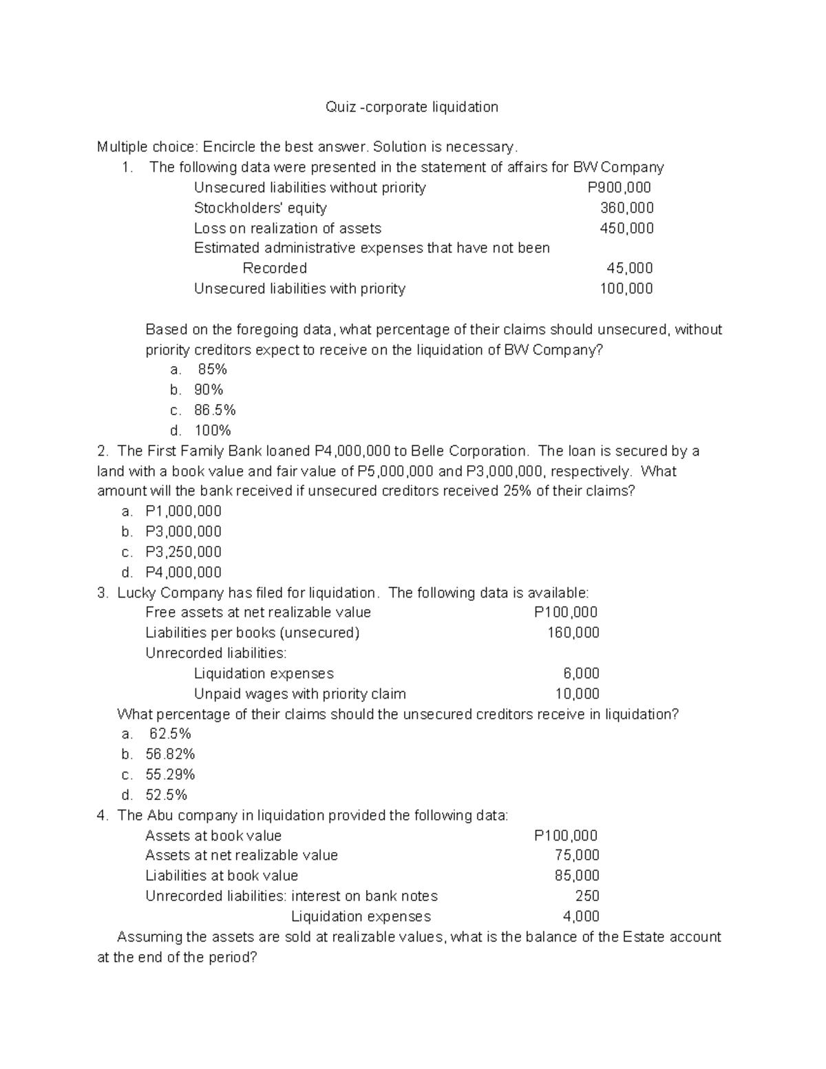 Pdfcoffee - Quiz -corporate Liquidation Multiple Choice: Encircle The ...