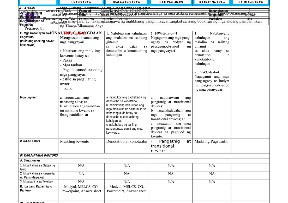 DLL 9 Q1 W2 - Lesson Plan - Prepared By: JONALENE C. HANGDAAN Teacher ...