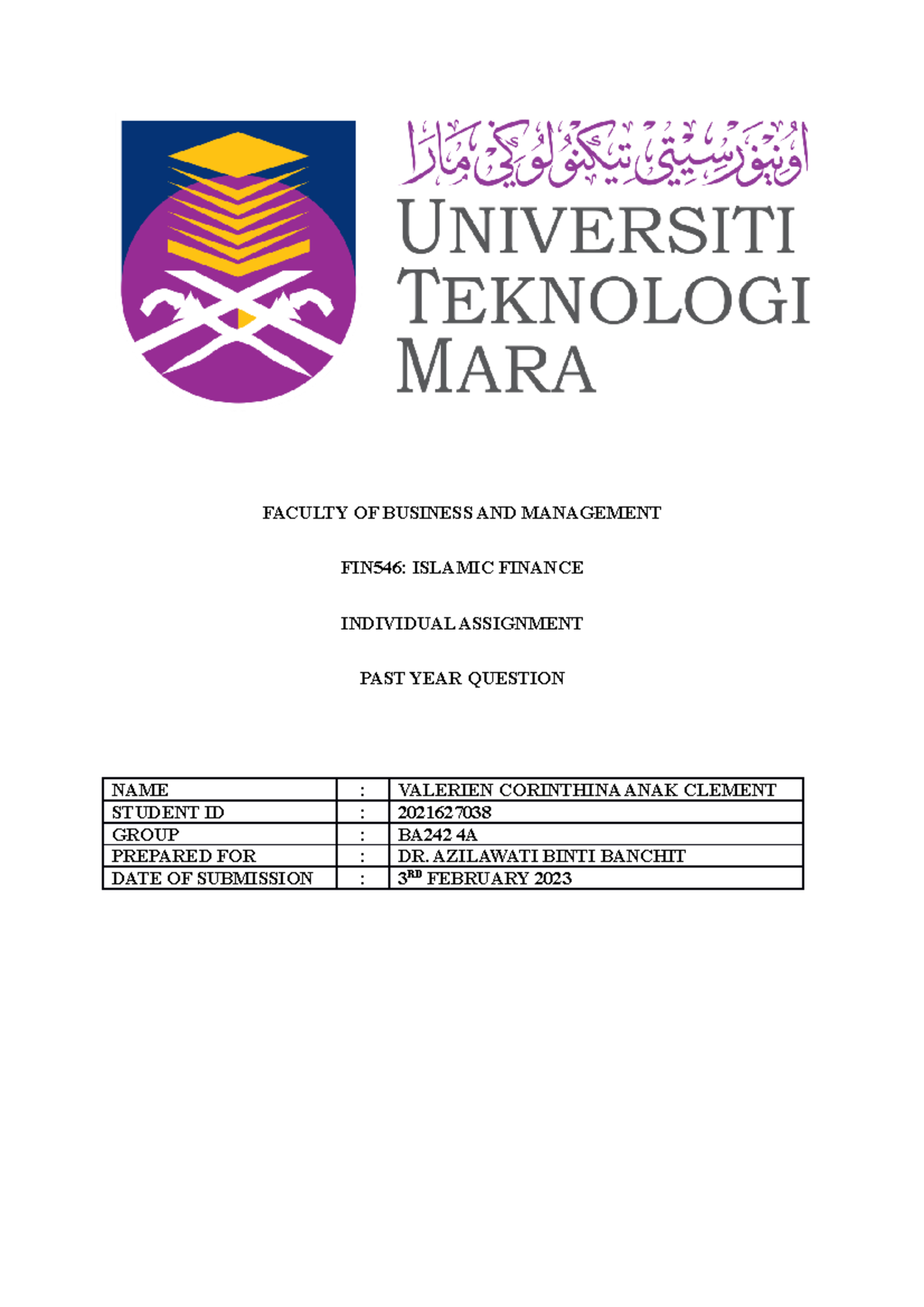 Individual Assignment FIN546 ( Valerien) - Islamic Finance - FACULTY OF ...