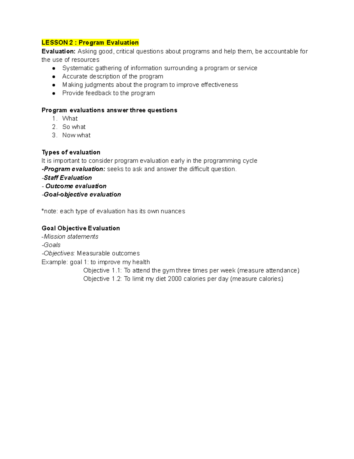 AHSC 260 - Chapter 2 - LESSON 2 : Program Evaluation Evaluation: Asking ...