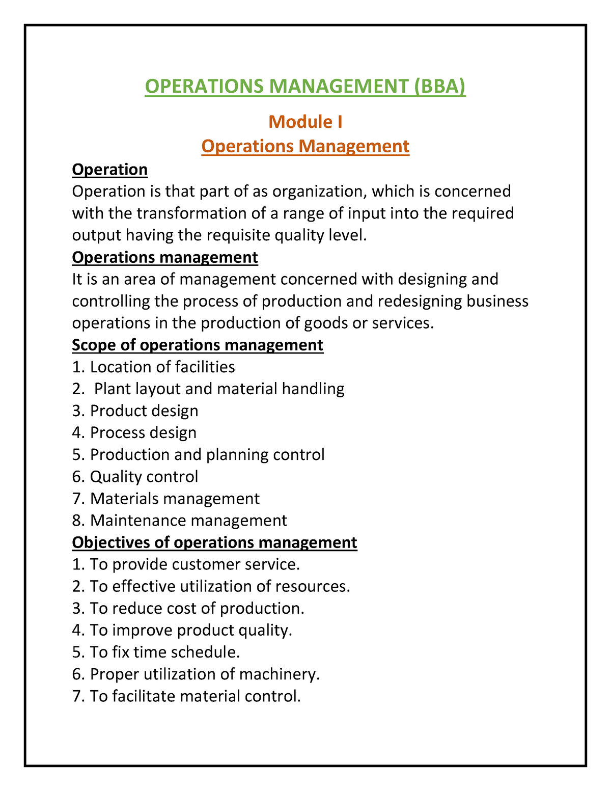 Operation Manegment - OPERATIONS MANAGEMENT (BBA) Module I Operations ...