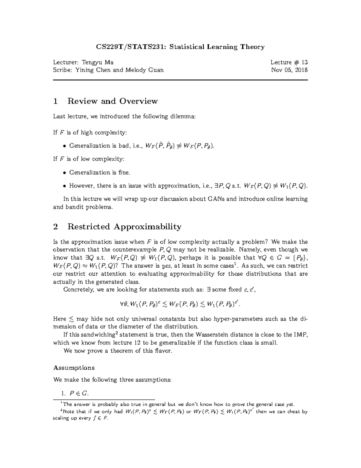 11 05 Final - Lecture Notes On Statistical Learning Theory - CS229T ...