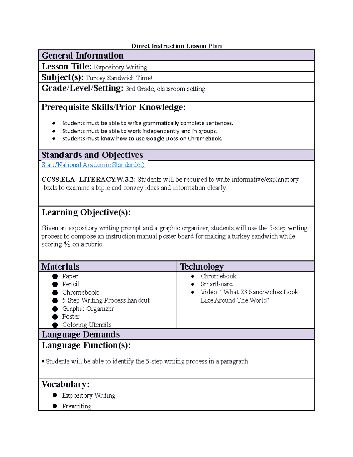 Expository Writing Lesson Plan Template Direct Instruction Lesson 