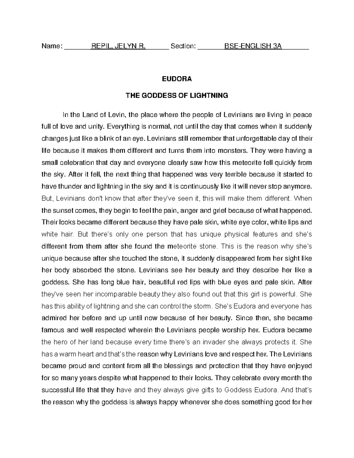 Goddess Eudora - GUIDE MATERIALS - Name: _REPIL, JELYN R. Section: BSE ...
