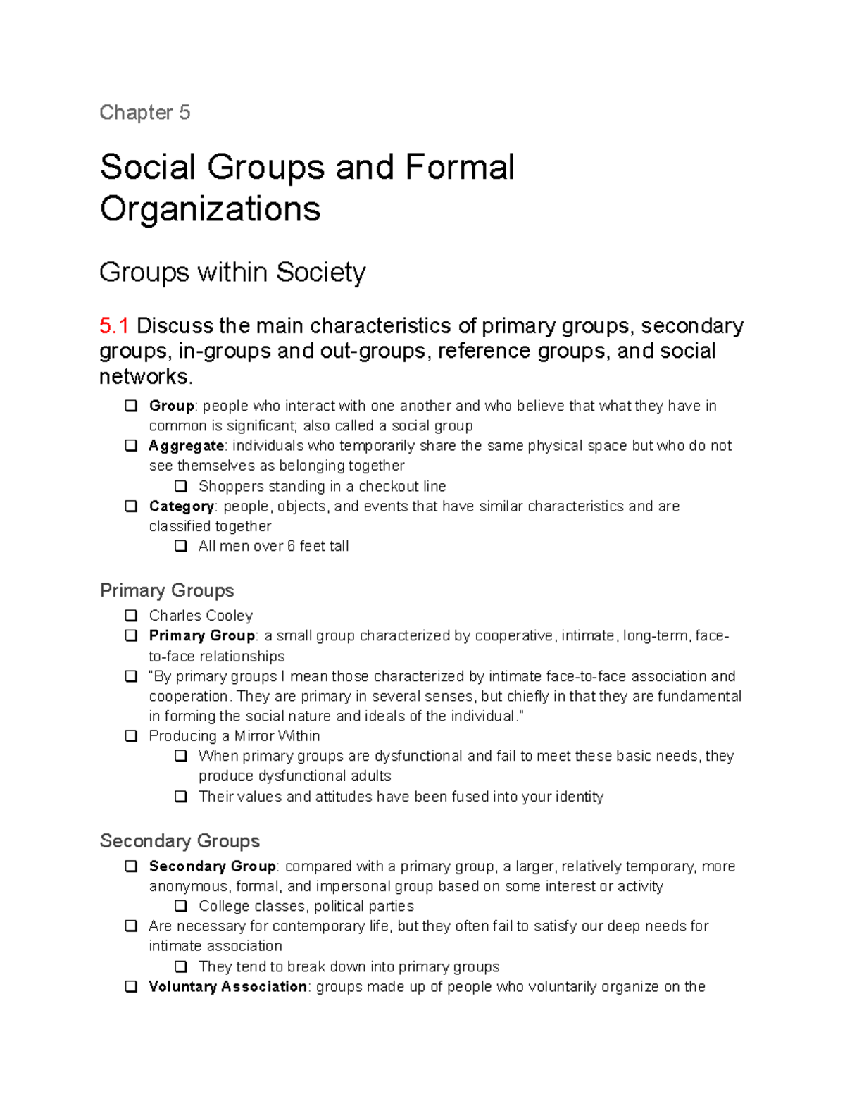 Sociology Chapter 5 Notes - Chapter 5 Social Groups And Formal ...