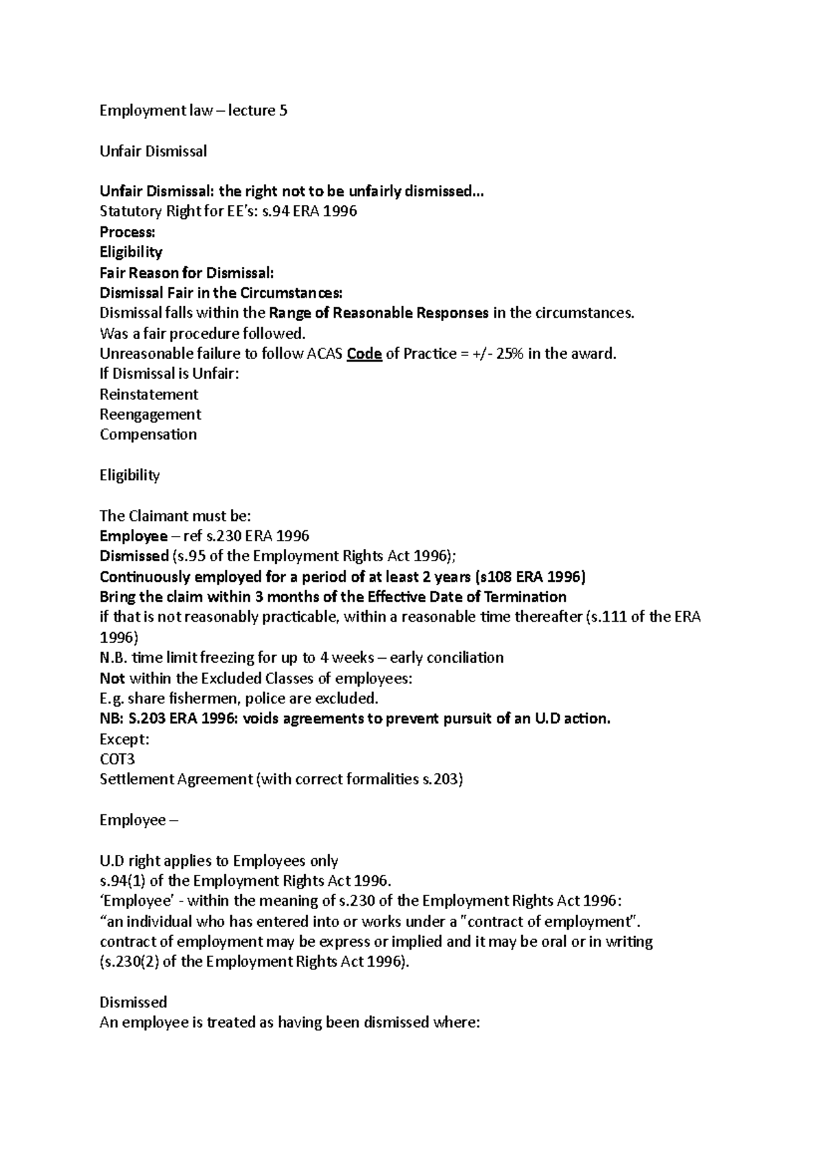 Employment law 5 - Lecture notes 5 - Employment law – lecture 5 Unfair ...