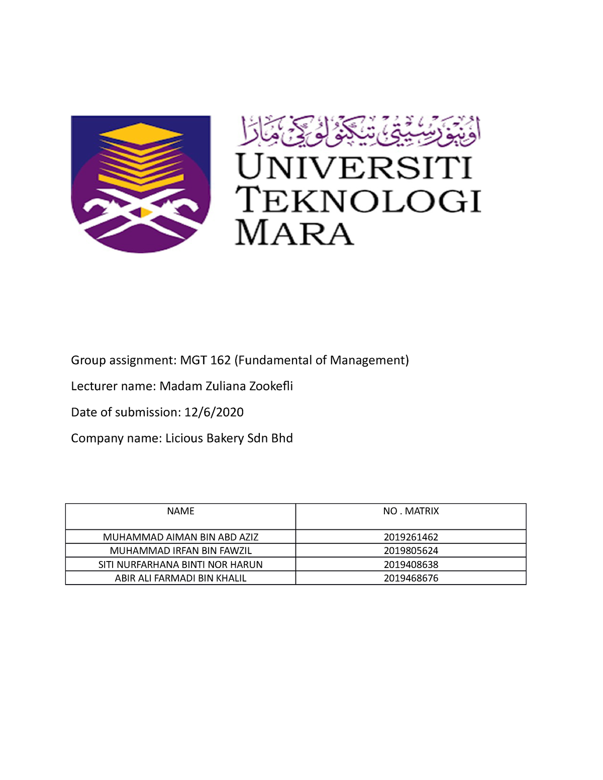 Mgt162 Assignment 2020 - Group Assignment: MGT 162 (Fundamental Of ...