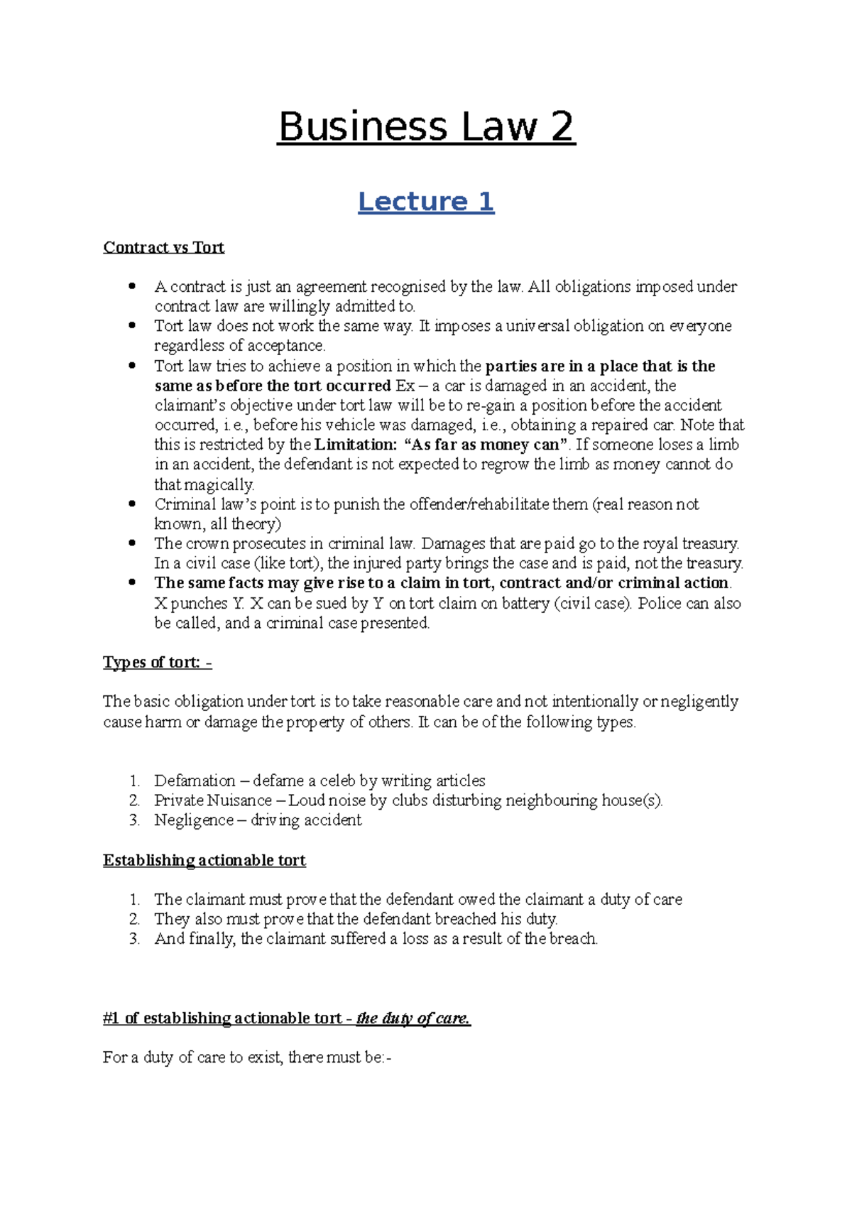 Business Law 2 - Lecture Notes - Business Law 2 Lecture 1 Contract Vs ...