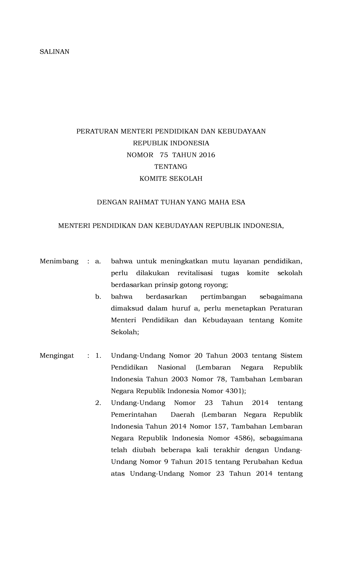 Permendikbud Tahun 2016 Nomor 075 - SALINAN PERATURAN MENTERI ...