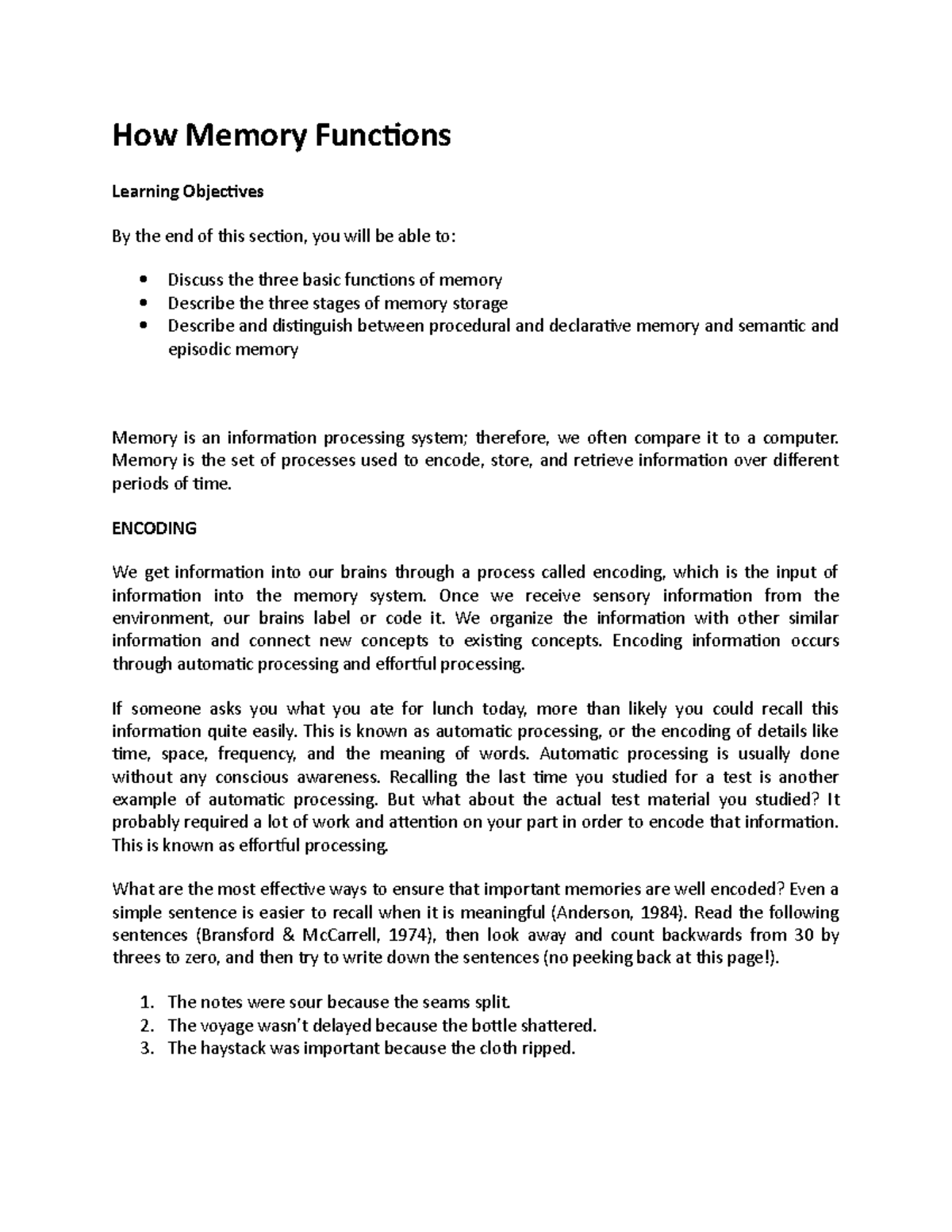 How Memory Functions - How Memory Functions Learning Objectives By the ...