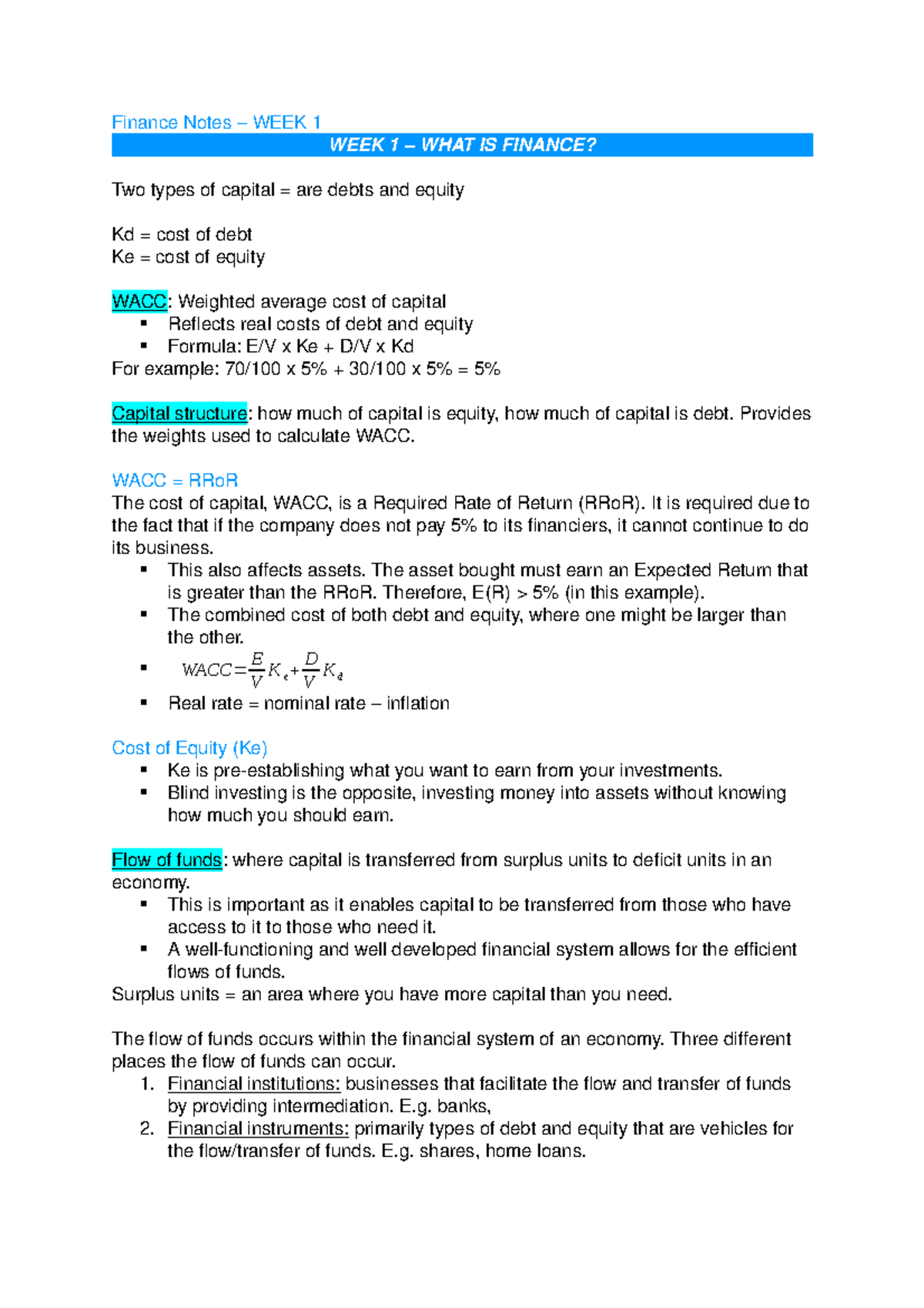 BFF1001 Finance Notes WIP - Finance Notes – WEEK 1 WEEK 1 – WHAT IS ...