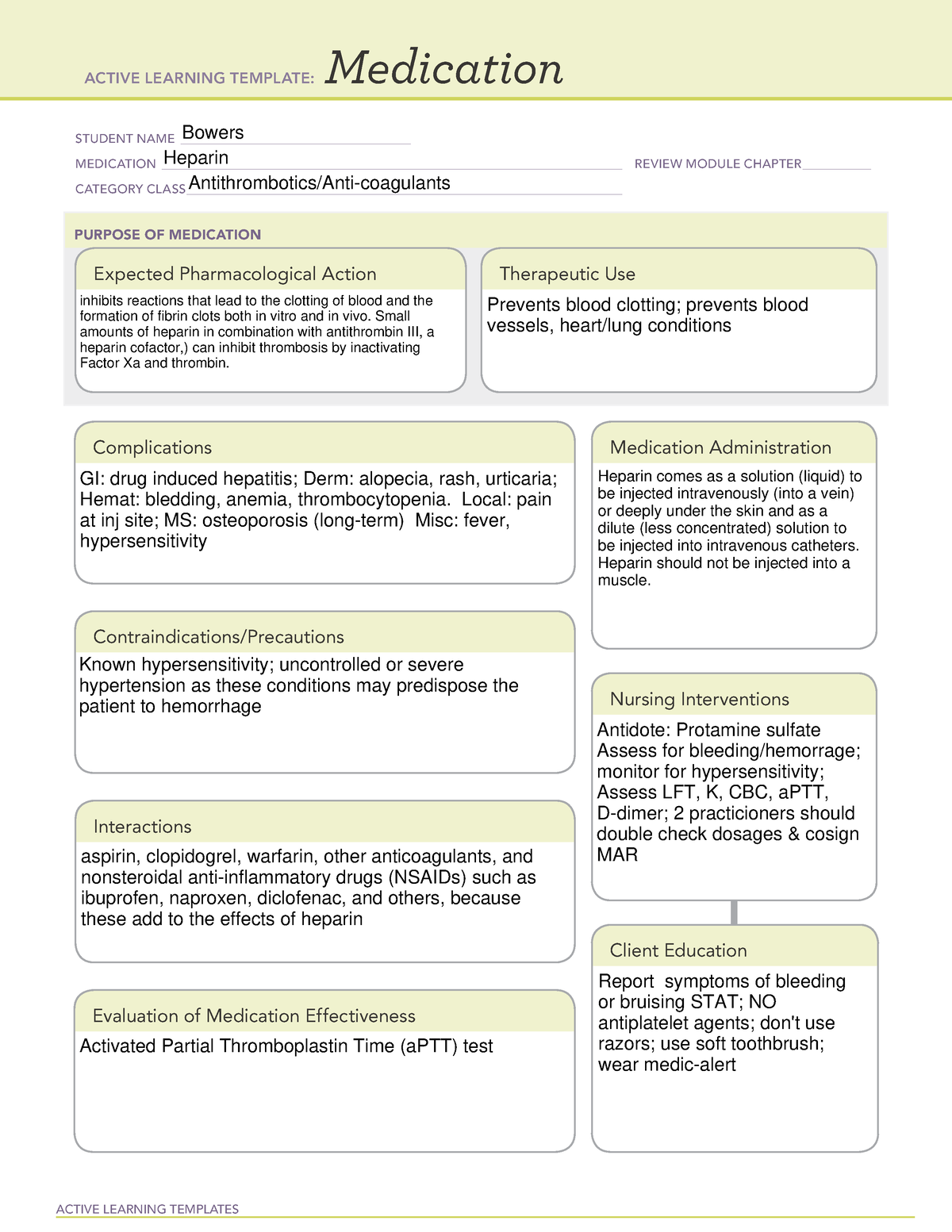 Heparin Drug information sheet ACTIVE LEARNING TEMPLATES Medication
