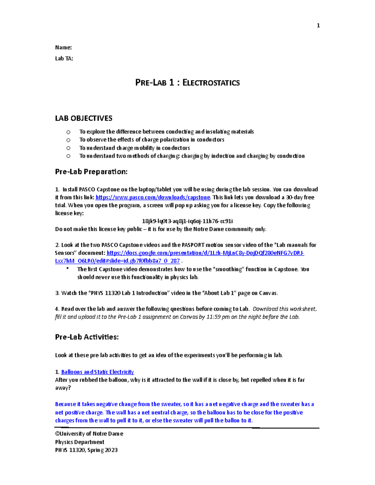 Pre Lab 1-11320 - Pre Lab - 1 Name: Lab TA: P RE-LAB 1 : ELECTROSTATICS ...