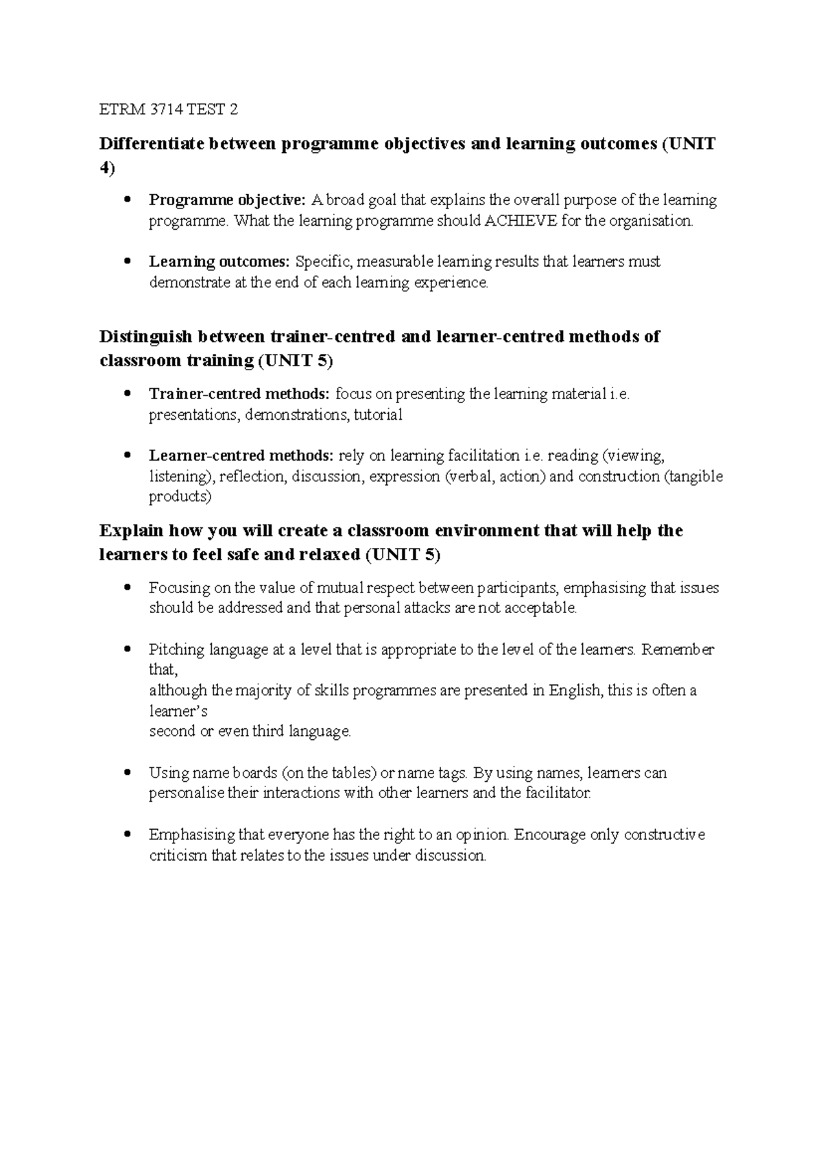 ETRM 3714 TEST 2 - EXAM PREPARATIONS - ETRM 3714 TEST 2 Differentiate ...