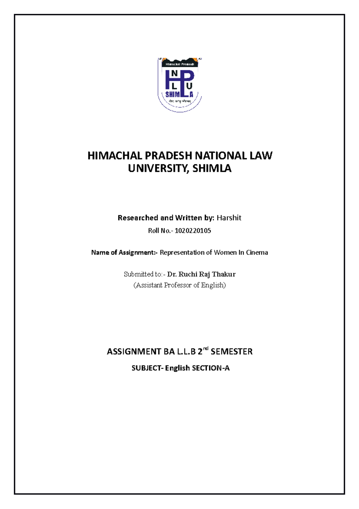 Eng assignment 2nd semester - HIMACHAL PRADESH NATIONAL LAW UNIVERSITY ...