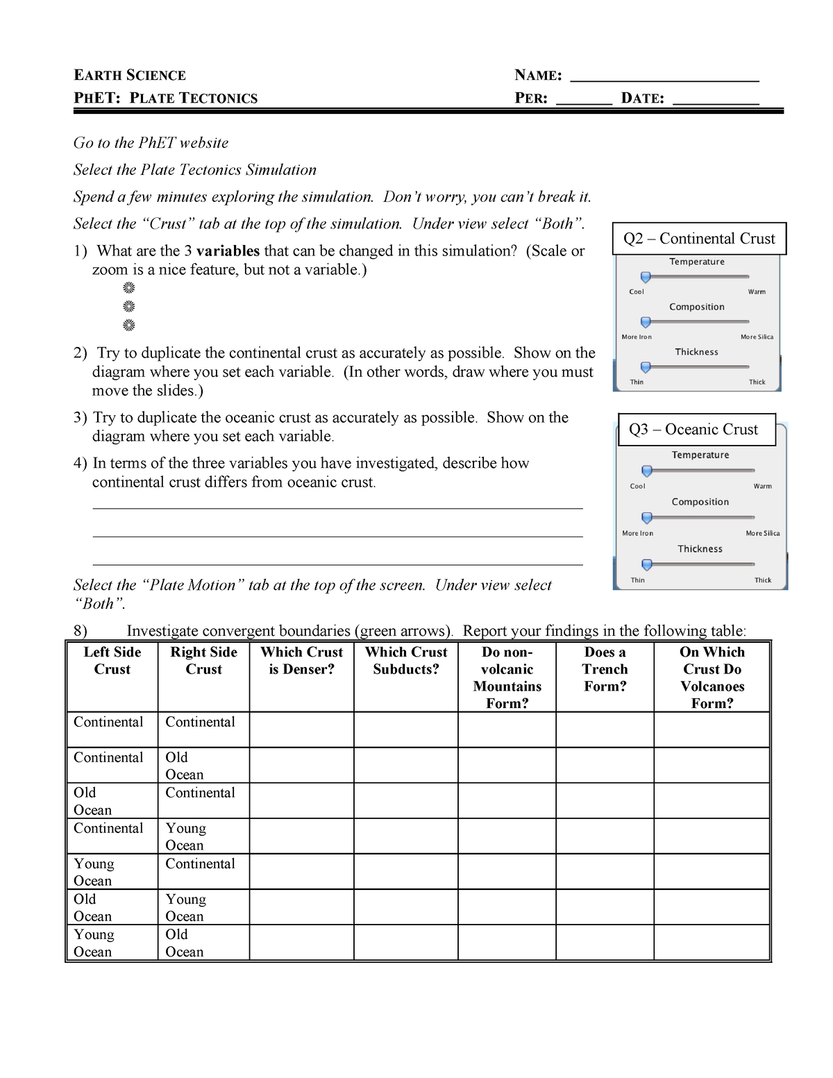 Ph ET Plate Tectonics - 2013 - EARTH SCIENCE NAME: PHET: PLATE ...