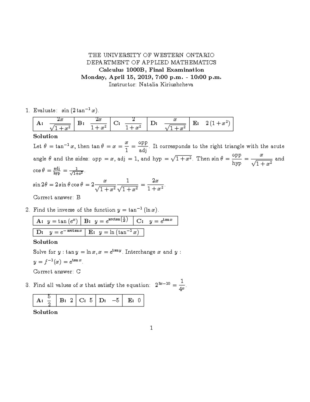 Calculus 1000b final MCsol 2019 - THE UNIVERSITY OF WESTERN ONTARIO ...