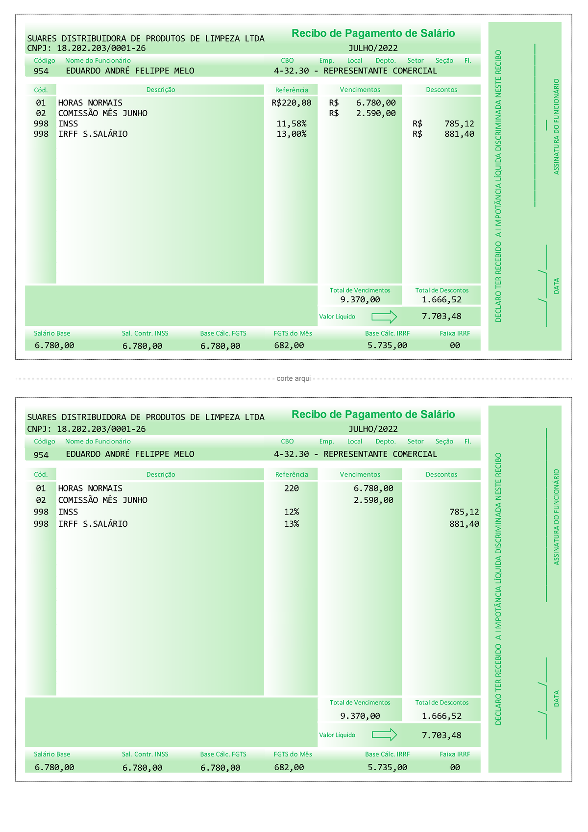 Holerite Recibo De Salario Eduardo C Digo Cbo Emp Local Depto Setor Se O Fl C D