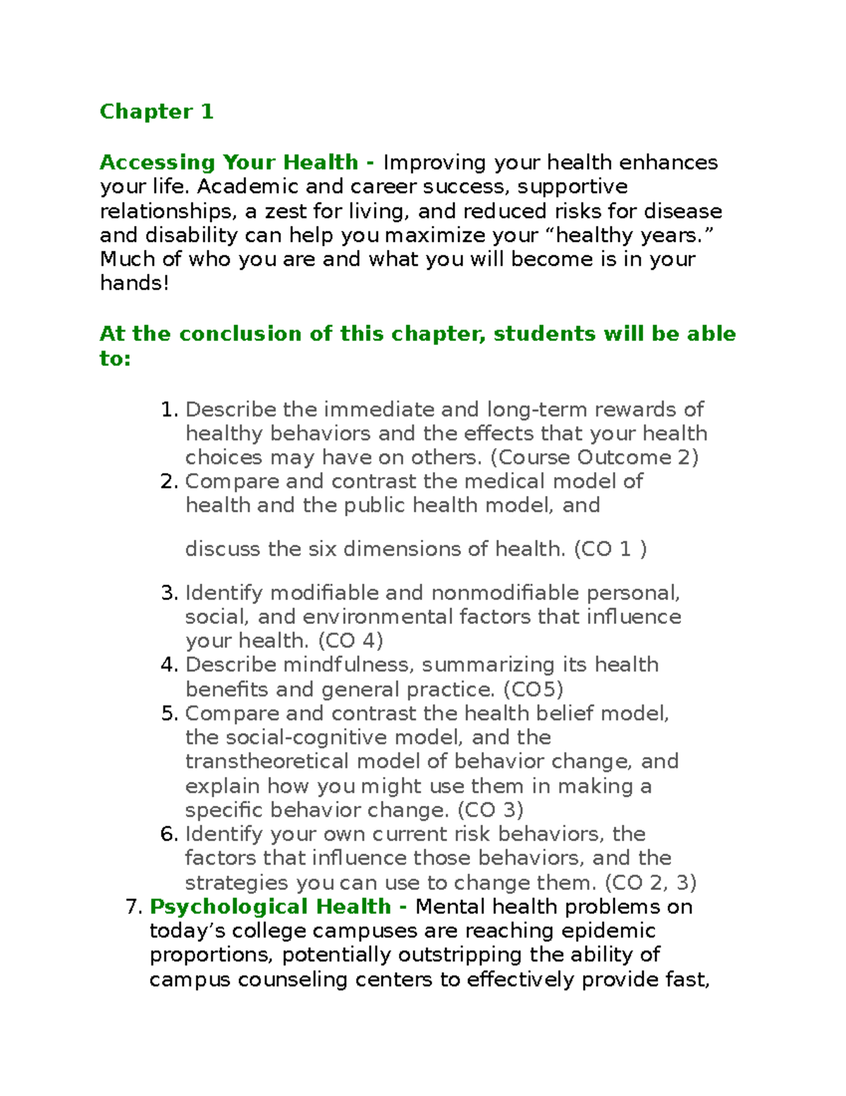 Chapter 1 Health Notes Part 2 - Chapter 1 Accessing Your Health ...