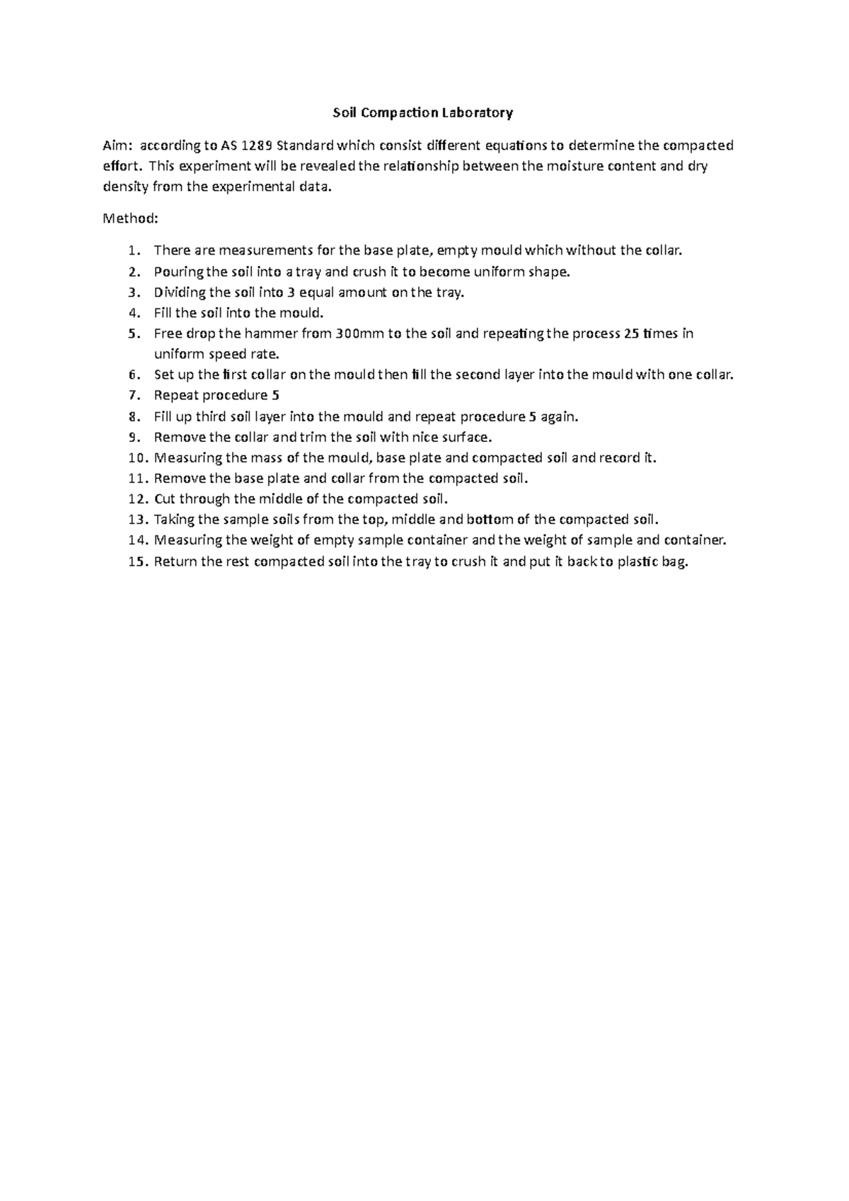 Soil Behaviour - lab report - Soil Compaction Laboratory Aim: according ...