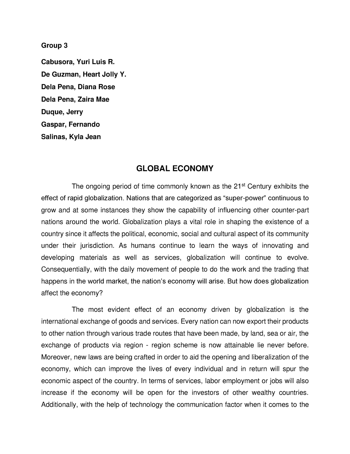 define global economy essay