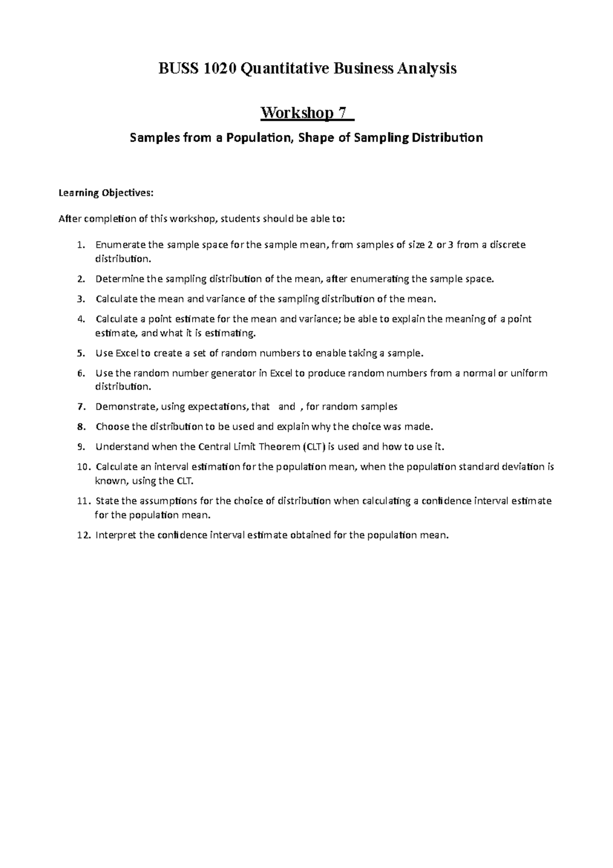 Workshop 7 - Comprehensive Tutorial work - BUSS 1020 Quantitative ...