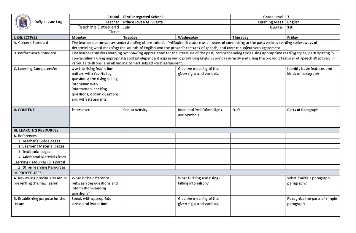 English 7 DLL - it was - Daily Lesson Log School Rizal Integrated ...