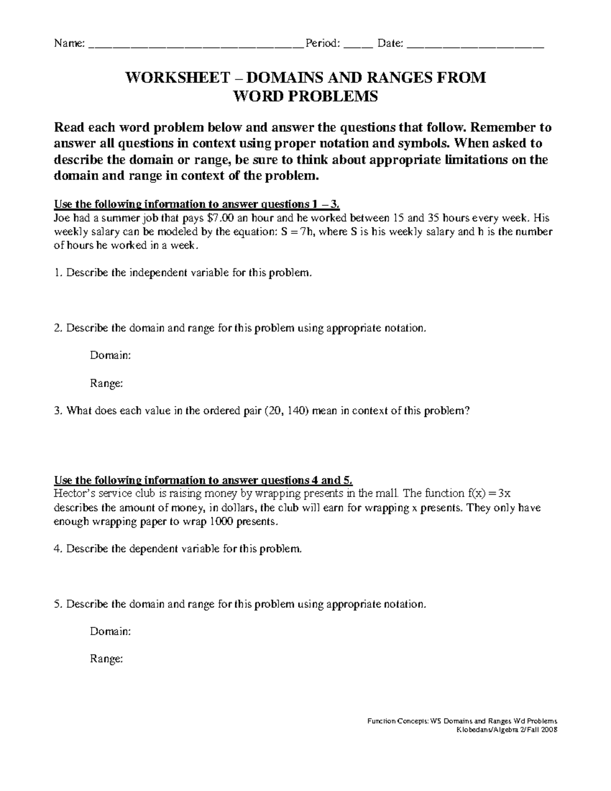 04a Domain And Range Word Problems Function Concepts WS Domains And Ranges Wd Problems Studocu