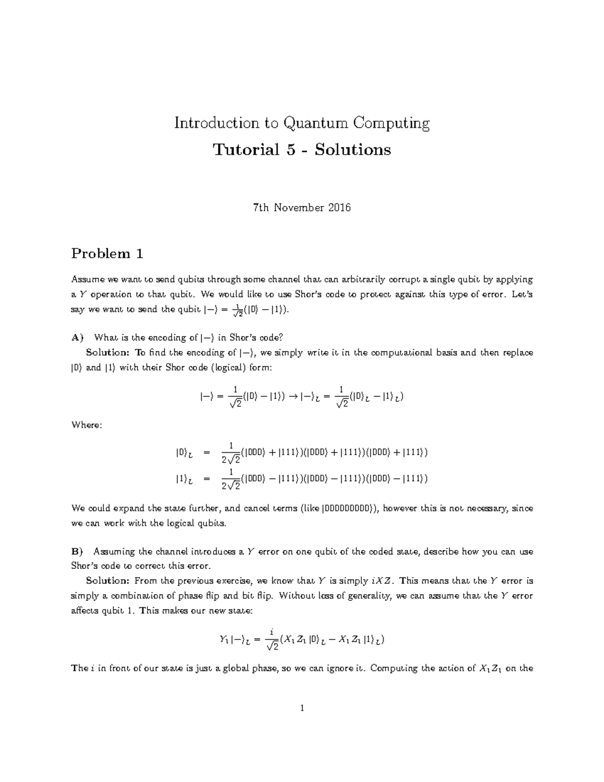 Tutorial 5Sol - Introduction To Quantum Computing Tutorial 5 ...